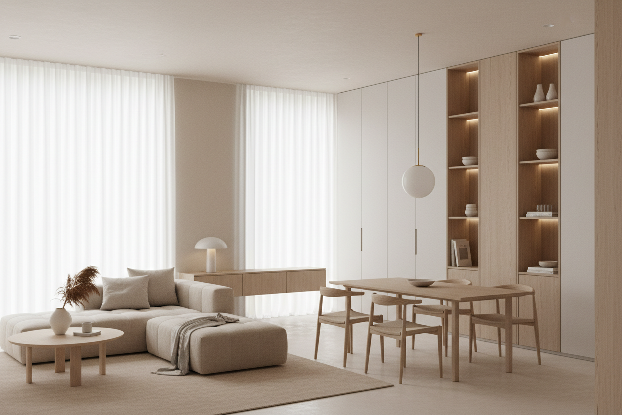 Salón comedor minimalista y luminoso con tonos beige, madera clara y luz natural